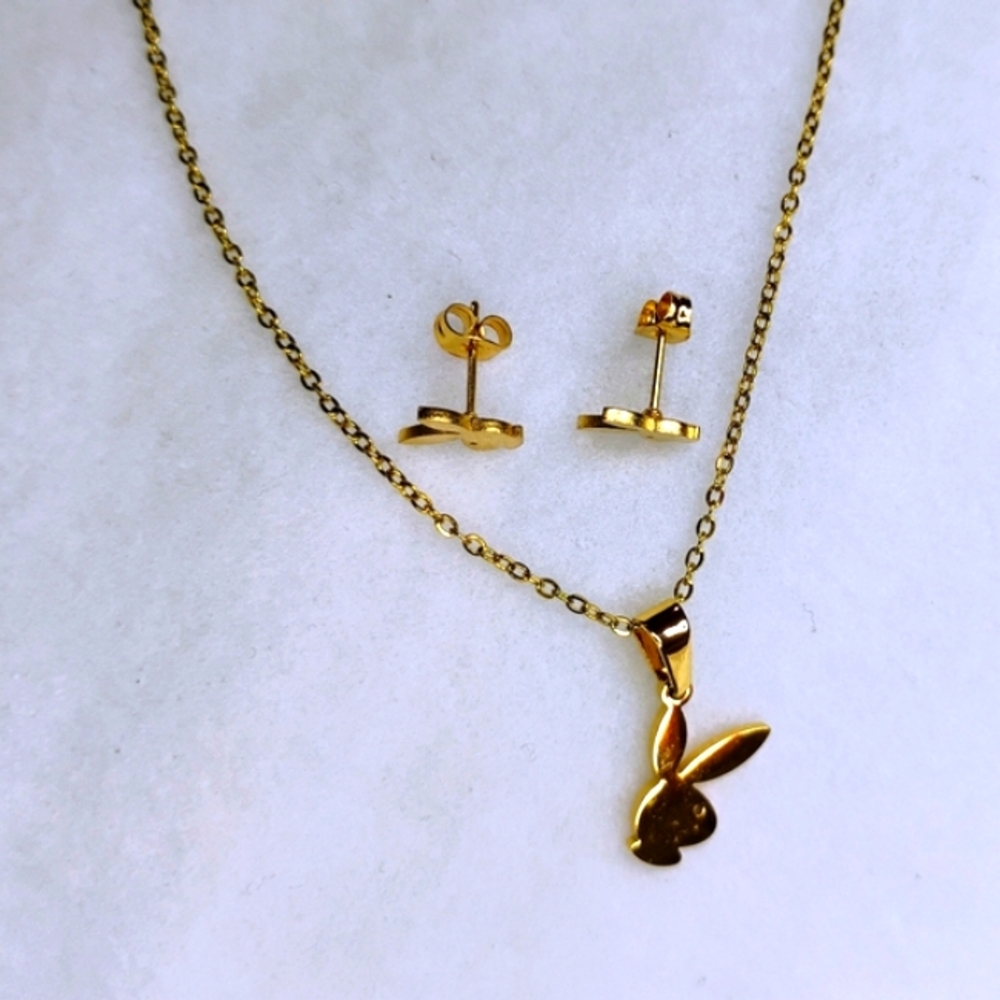 Gold Bunny Pendant Necklace and Earrings Set - Picture 2 of 3